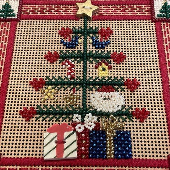 Christmas Embroidery Button And Beads Finished 6 1/4” Tree Santa Gifts Country - Picture 3 of 4